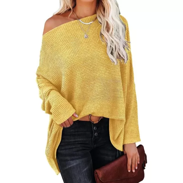 imageANRABESS Women Casual Loose Off Shoulder Long Batwing Sleeve Waffle Knit Oversized Pullover Shirt SweatersYellow