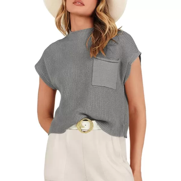 imageANRABESS Women Casual Sleeveless Mock Neck Ribbed Knit Loose Fit Trendy Spring Cropped Sweater Top with PocketDark Gray