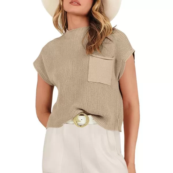 imageANRABESS Women Casual Sleeveless Mock Neck Ribbed Knit Loose Fit Trendy Spring Cropped Sweater Top with PocketLight Khaki