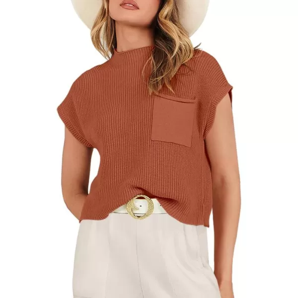 imageANRABESS Women Casual Sleeveless Mock Neck Ribbed Knit Loose Fit Trendy Spring Cropped Sweater Top with PocketRust
