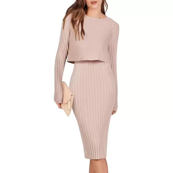 imageANRABESS Women Casual Two Piece Outfits Long Sleeve Ribbed Knit Crop Top and Bodycon Midi Dresses Pullover Sweater SetsApricot