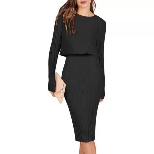 imageANRABESS Women Casual Two Piece Outfits Long Sleeve Ribbed Knit Crop Top and Bodycon Midi Dresses Pullover Sweater SetsBlack