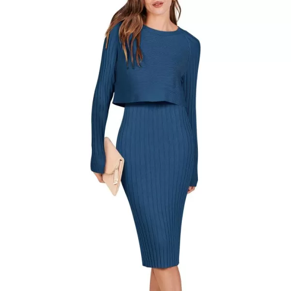 imageANRABESS Women Casual Two Piece Outfits Long Sleeve Ribbed Knit Crop Top and Bodycon Midi Dresses Pullover Sweater SetsBlue