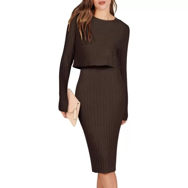 imageANRABESS Women Casual Two Piece Outfits Long Sleeve Ribbed Knit Crop Top and Bodycon Midi Dresses Pullover Sweater SetsBrown