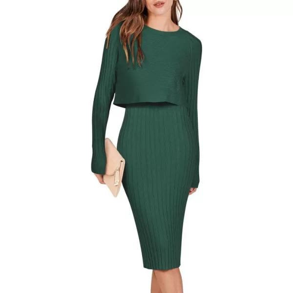 imageANRABESS Women Casual Two Piece Outfits Long Sleeve Ribbed Knit Crop Top and Bodycon Midi Dresses Pullover Sweater SetsGreen