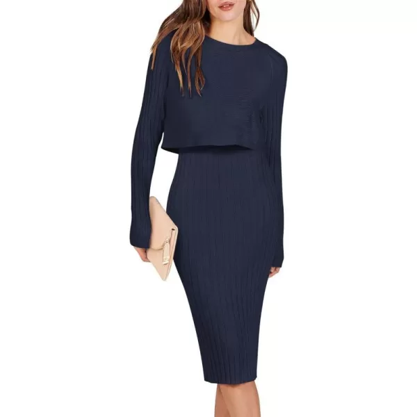 imageANRABESS Women Casual Two Piece Outfits Long Sleeve Ribbed Knit Crop Top and Bodycon Midi Dresses Pullover Sweater SetsNavy Blue