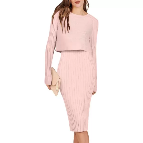 imageANRABESS Women Casual Two Piece Outfits Long Sleeve Ribbed Knit Crop Top and Bodycon Midi Dresses Pullover Sweater SetsPink