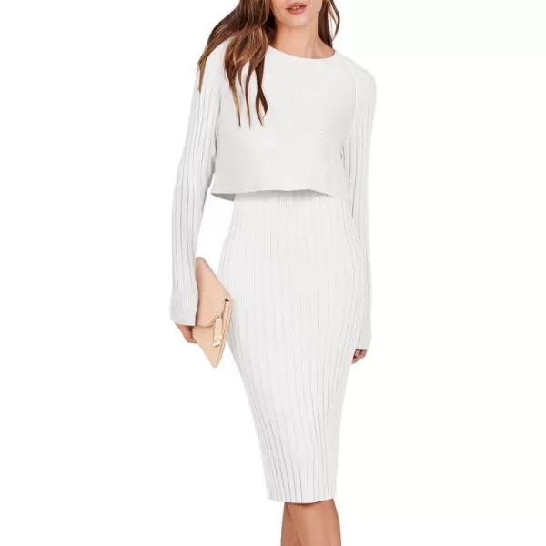 imageANRABESS Women Casual Two Piece Outfits Long Sleeve Ribbed Knit Crop Top and Bodycon Midi Dresses Pullover Sweater SetsWhite
