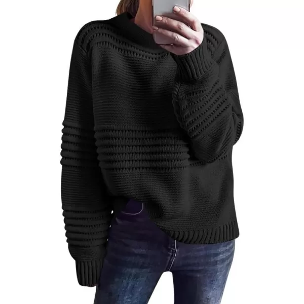 imageANRABESS Women Crew Neck Long Sleeve Sweater 2023 Fall Casual Cable Ribbed Knit Pullover Jumper TopsBlack