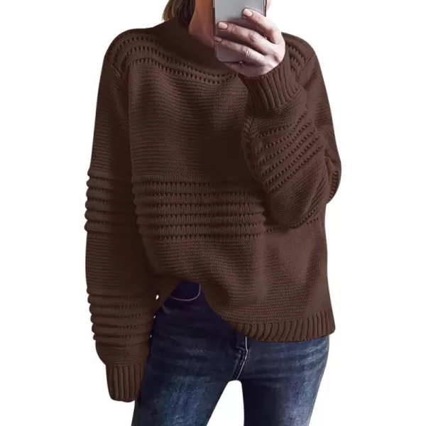 imageANRABESS Women Crew Neck Long Sleeve Sweater 2023 Fall Casual Cable Ribbed Knit Pullover Jumper TopsCoffee
