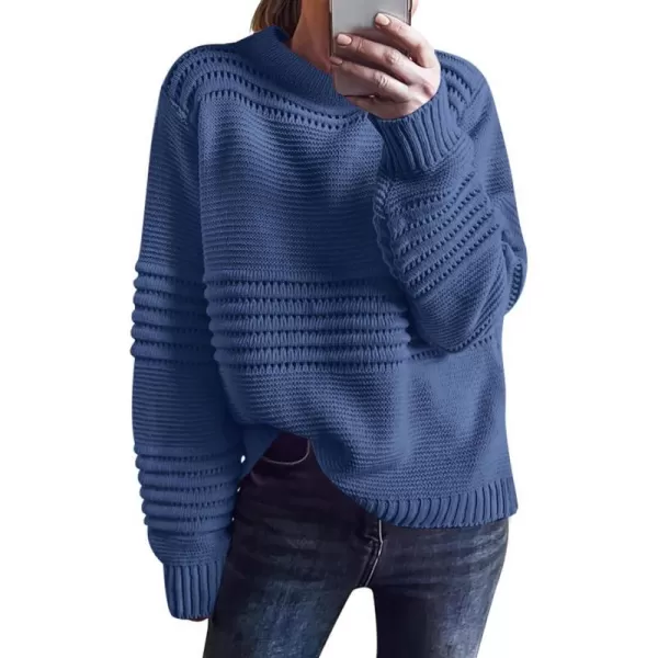 imageANRABESS Women Crew Neck Long Sleeve Sweater 2023 Winter Casual Cable Ribbed Knit Pullover Jumper TopsNavy Blue