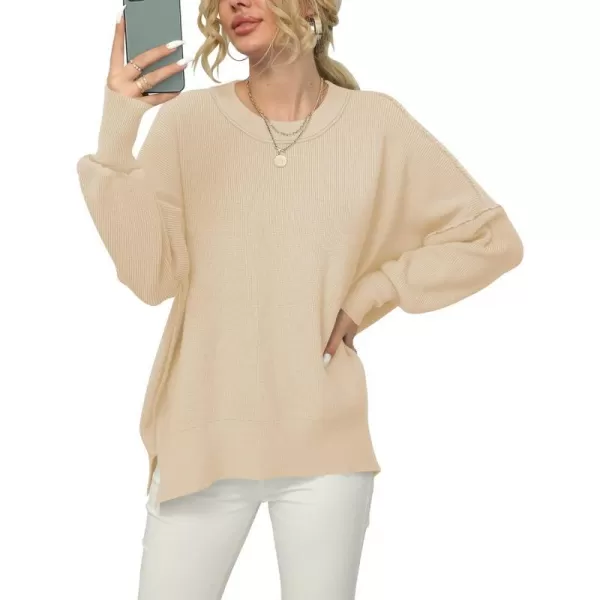 imageANRABESS Women Crewneck Batwing Sleeve 2023 Fall Oversized Side Slit Ribbed Knit Pullover Sweater TopApricot