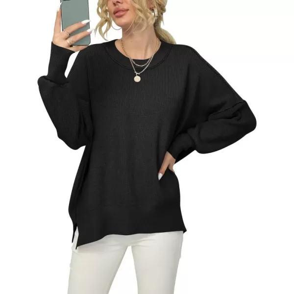 imageANRABESS Women Crewneck Batwing Sleeve 2023 Fall Oversized Side Slit Ribbed Knit Pullover Sweater TopBlack