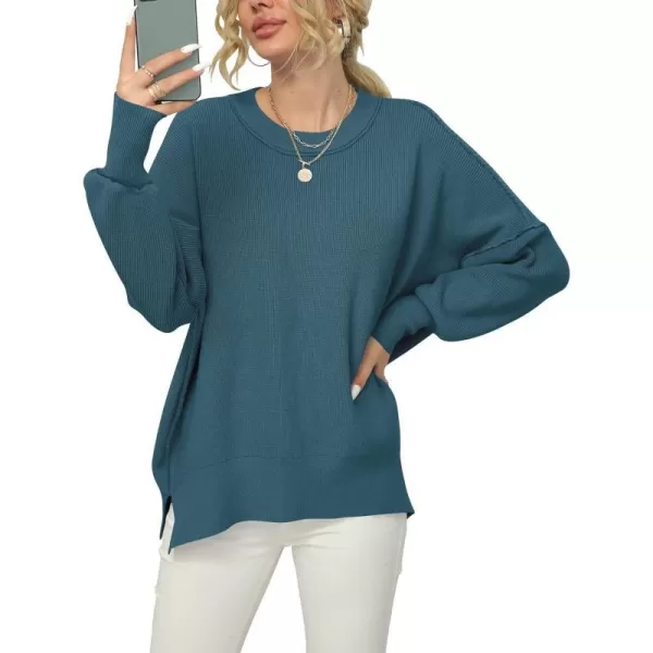 imageANRABESS Women Crewneck Batwing Sleeve 2023 Fall Oversized Side Slit Ribbed Knit Pullover Sweater TopBlue