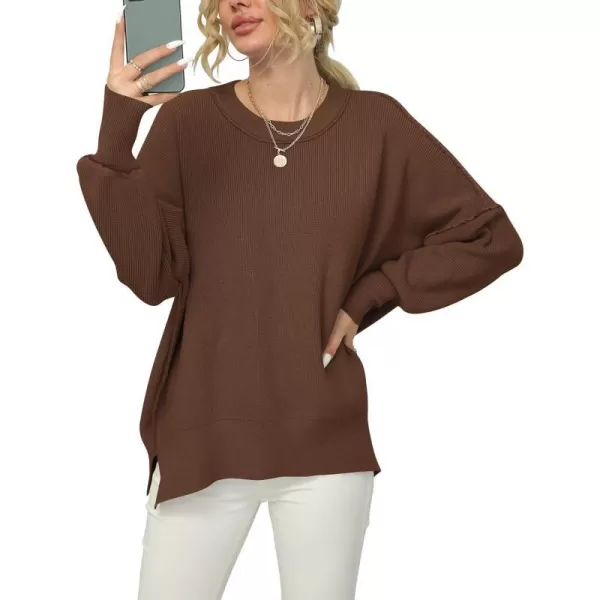 imageANRABESS Women Crewneck Batwing Sleeve 2023 Fall Oversized Side Slit Ribbed Knit Pullover Sweater TopCoffee