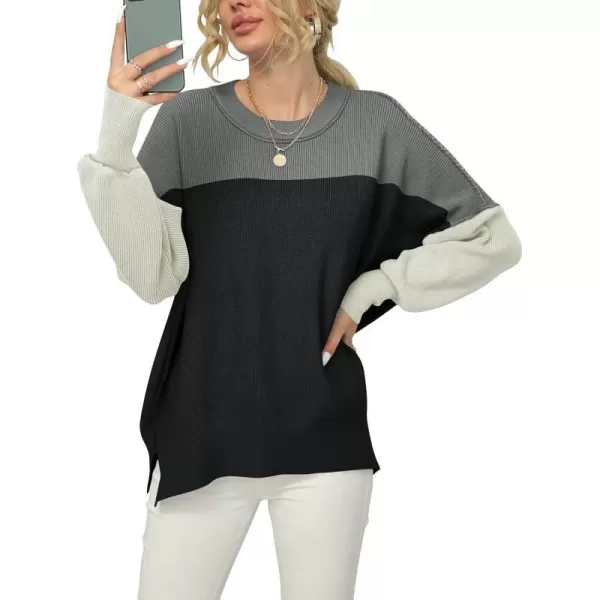 imageANRABESS Women Crewneck Batwing Sleeve 2023 Fall Oversized Side Slit Ribbed Knit Pullover Sweater TopColorblock Classic