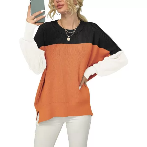 imageANRABESS Women Crewneck Batwing Sleeve 2023 Fall Oversized Side Slit Ribbed Knit Pullover Sweater TopColorblock Orange
