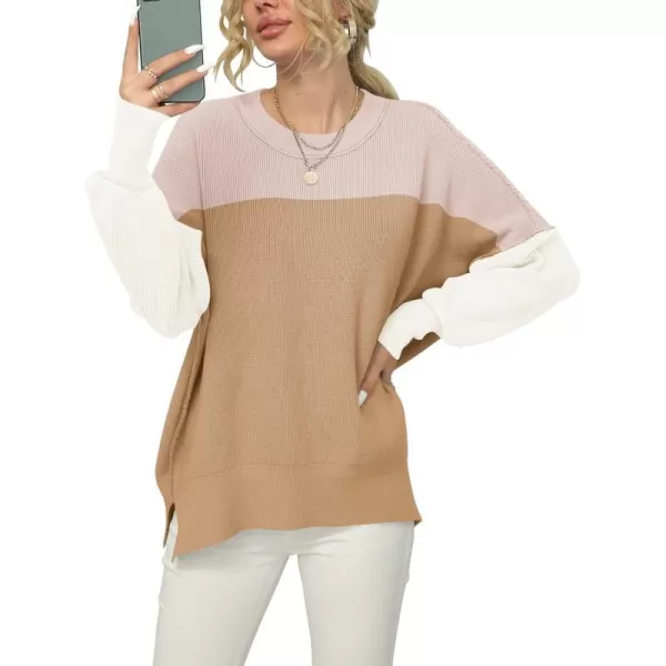 imageANRABESS Women Crewneck Batwing Sleeve 2023 Fall Oversized Side Slit Ribbed Knit Pullover Sweater TopColorblock Pink