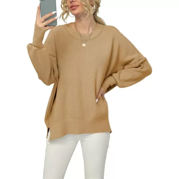 imageANRABESS Women Crewneck Batwing Sleeve 2023 Fall Oversized Side Slit Ribbed Knit Pullover Sweater TopDeep Apricot