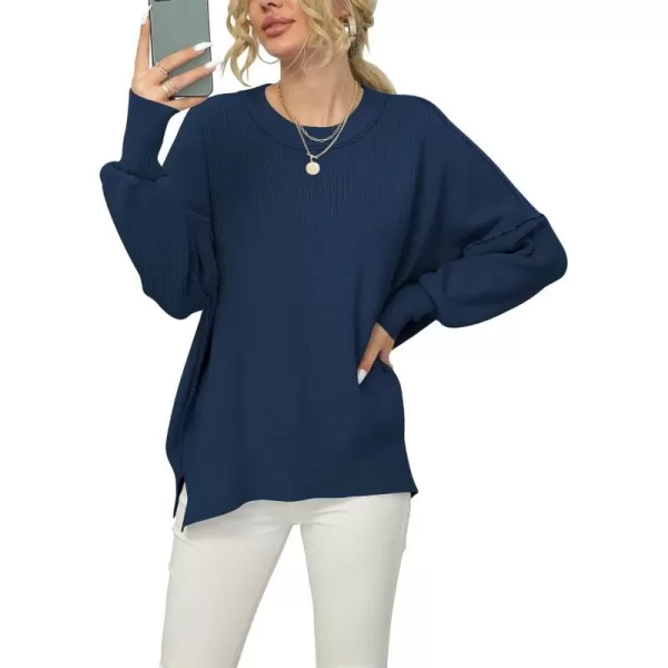 imageANRABESS Women Crewneck Batwing Sleeve 2023 Fall Oversized Side Slit Ribbed Knit Pullover Sweater TopDeep Blue