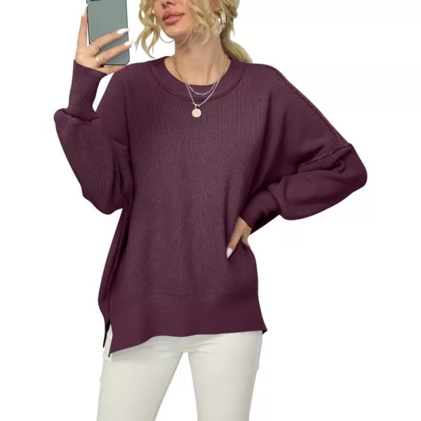 imageANRABESS Women Crewneck Batwing Sleeve 2023 Fall Oversized Side Slit Ribbed Knit Pullover Sweater TopFuchsia