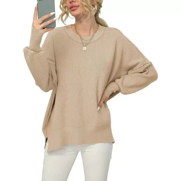 imageANRABESS Women Crewneck Batwing Sleeve 2023 Fall Oversized Side Slit Ribbed Knit Pullover Sweater TopKhaki