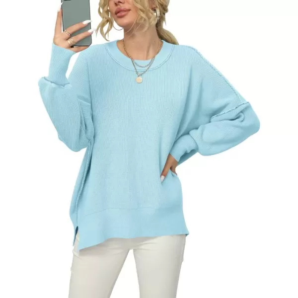imageANRABESS Women Crewneck Batwing Sleeve 2023 Fall Oversized Side Slit Ribbed Knit Pullover Sweater TopLight Blue