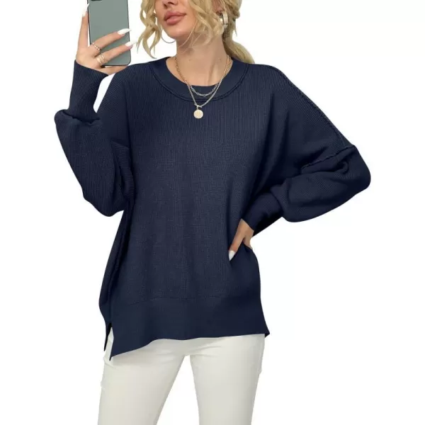 imageANRABESS Women Crewneck Batwing Sleeve 2023 Fall Oversized Side Slit Ribbed Knit Pullover Sweater TopNavy Blue