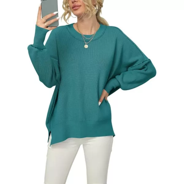 imageANRABESS Women Crewneck Batwing Sleeve 2023 Fall Oversized Side Slit Ribbed Knit Pullover Sweater TopOpal