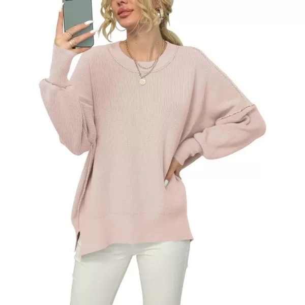 imageANRABESS Women Crewneck Batwing Sleeve 2023 Fall Oversized Side Slit Ribbed Knit Pullover Sweater TopPink