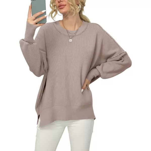 imageANRABESS Women Crewneck Batwing Sleeve 2023 Fall Oversized Side Slit Ribbed Knit Pullover Sweater TopPink Apricot