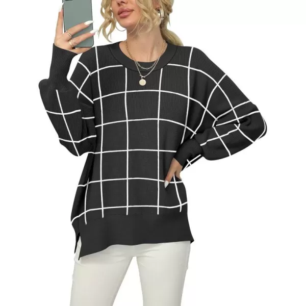 imageANRABESS Women Crewneck Batwing Sleeve 2023 Fall Oversized Side Slit Ribbed Knit Pullover Sweater TopPlaid Black