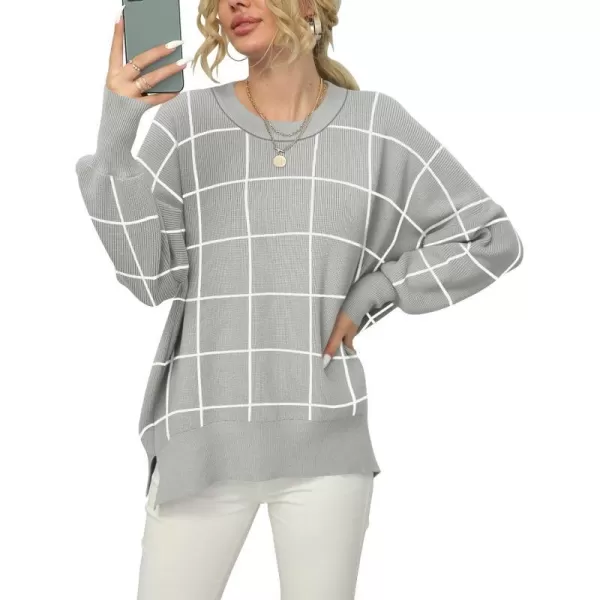imageANRABESS Women Crewneck Batwing Sleeve 2023 Fall Oversized Side Slit Ribbed Knit Pullover Sweater TopPlaid Gray