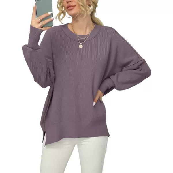 imageANRABESS Women Crewneck Batwing Sleeve 2023 Fall Oversized Side Slit Ribbed Knit Pullover Sweater TopPurple