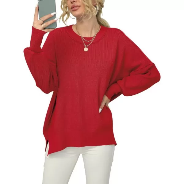 imageANRABESS Women Crewneck Batwing Sleeve 2023 Fall Oversized Side Slit Ribbed Knit Pullover Sweater TopRed