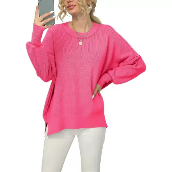 imageANRABESS Women Crewneck Batwing Sleeve 2023 Fall Oversized Side Slit Ribbed Knit Pullover Sweater TopRose