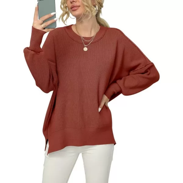 imageANRABESS Women Crewneck Batwing Sleeve 2023 Fall Oversized Side Slit Ribbed Knit Pullover Sweater TopRust
