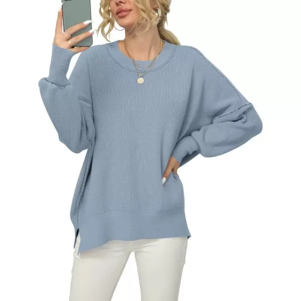 imageANRABESS Women Crewneck Batwing Sleeve 2023 Fall Oversized Side Slit Ribbed Knit Pullover Sweater TopSky Blue