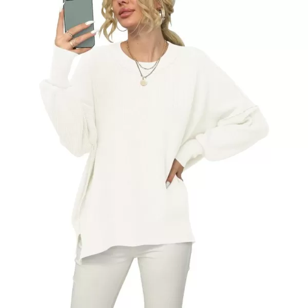 imageANRABESS Women Crewneck Batwing Sleeve 2023 Fall Oversized Side Slit Ribbed Knit Pullover Sweater TopWhite