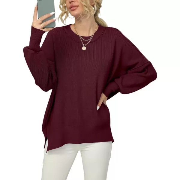 imageANRABESS Women Crewneck Batwing Sleeve 2023 Fall Oversized Side Slit Ribbed Knit Pullover Sweater TopWine Red