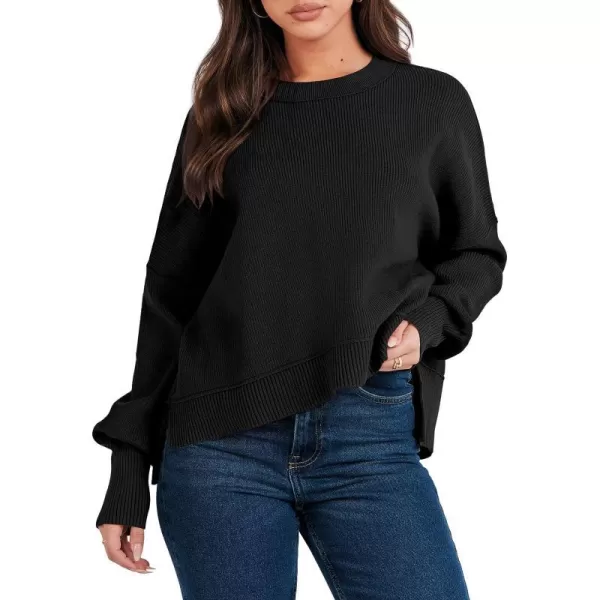 imageANRABESS Women Crewneck Batwing Sleeve Oversized Side Slit Ribbed Knit Crop Pullover Sweater TopBlack