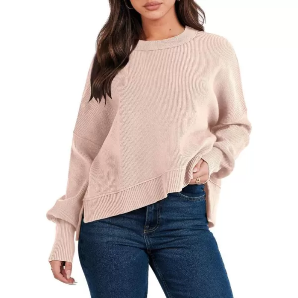 imageANRABESS Women Crewneck Batwing Sleeve Oversized Side Slit Ribbed Knit Crop Pullover Sweater TopPink Khaki