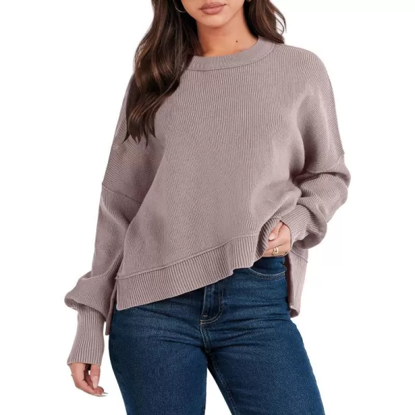 imageANRABESS Women Crewneck Batwing Sleeve Oversized Side Slit Ribbed Knit Crop Pullover Sweater TopRed Apricot