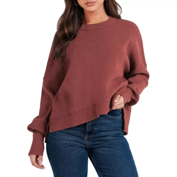 imageANRABESS Women Crewneck Batwing Sleeve Oversized Side Slit Ribbed Knit Crop Pullover Sweater TopRust