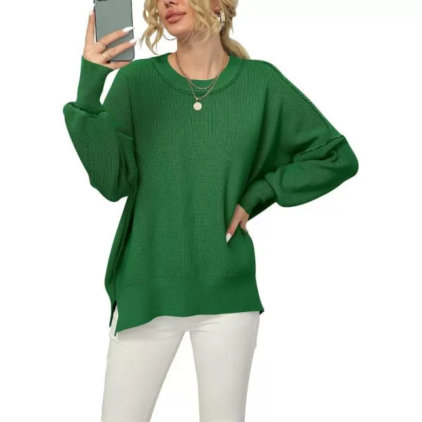 imageANRABESS Women Crewneck Batwing Sleeve Oversized Side Slit Ribbed Knit Pullover Sweater TopForest