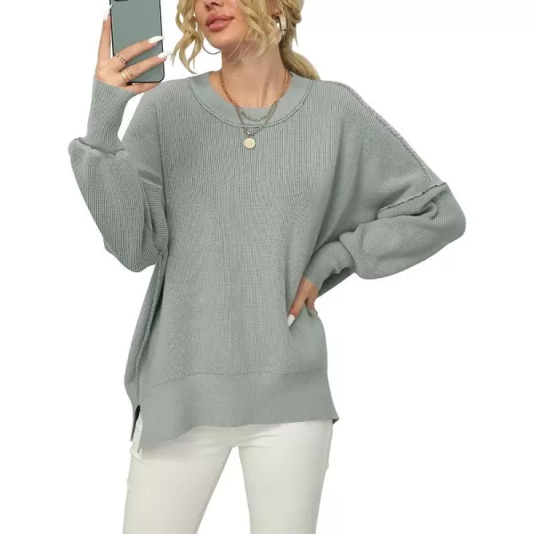 imageANRABESS Women Crewneck Batwing Sleeve Oversized Side Slit Ribbed Knit Pullover Sweater TopGray