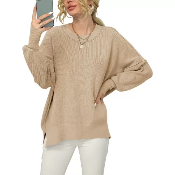 imageANRABESS Women Crewneck Batwing Sleeve Oversized Side Slit Ribbed Knit Pullover Sweater TopKhaki