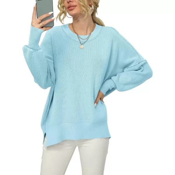 imageANRABESS Women Crewneck Batwing Sleeve Oversized Side Slit Ribbed Knit Pullover Sweater TopLight Blue