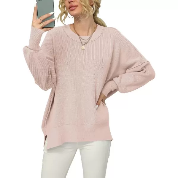 imageANRABESS Women Crewneck Batwing Sleeve Oversized Side Slit Ribbed Knit Pullover Sweater TopPink