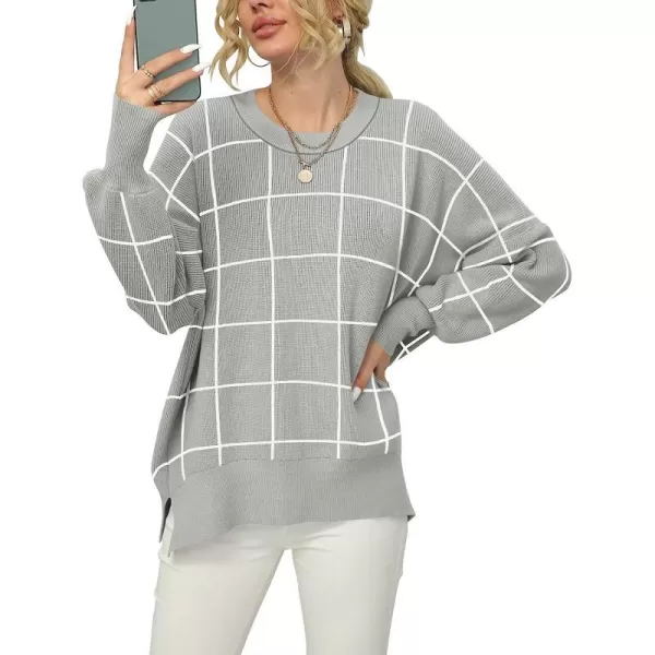 imageANRABESS Women Crewneck Batwing Sleeve Oversized Side Slit Ribbed Knit Pullover Sweater TopPlaid Gray
